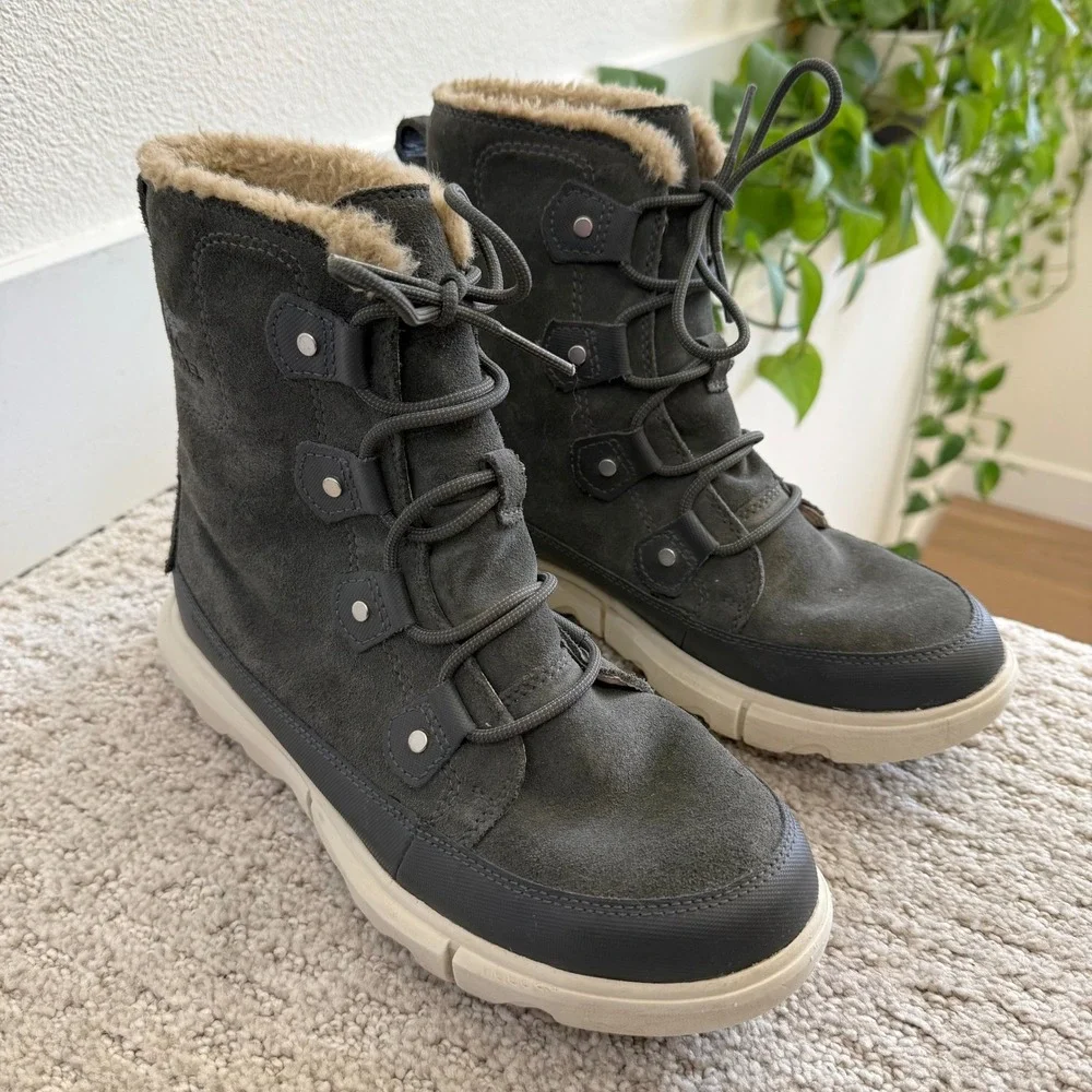 Sorel EXPLORER II JOAN WATERPROOF BOOTS Faux Fur WOMEN 10 GRILL FAWN LEATHER‎